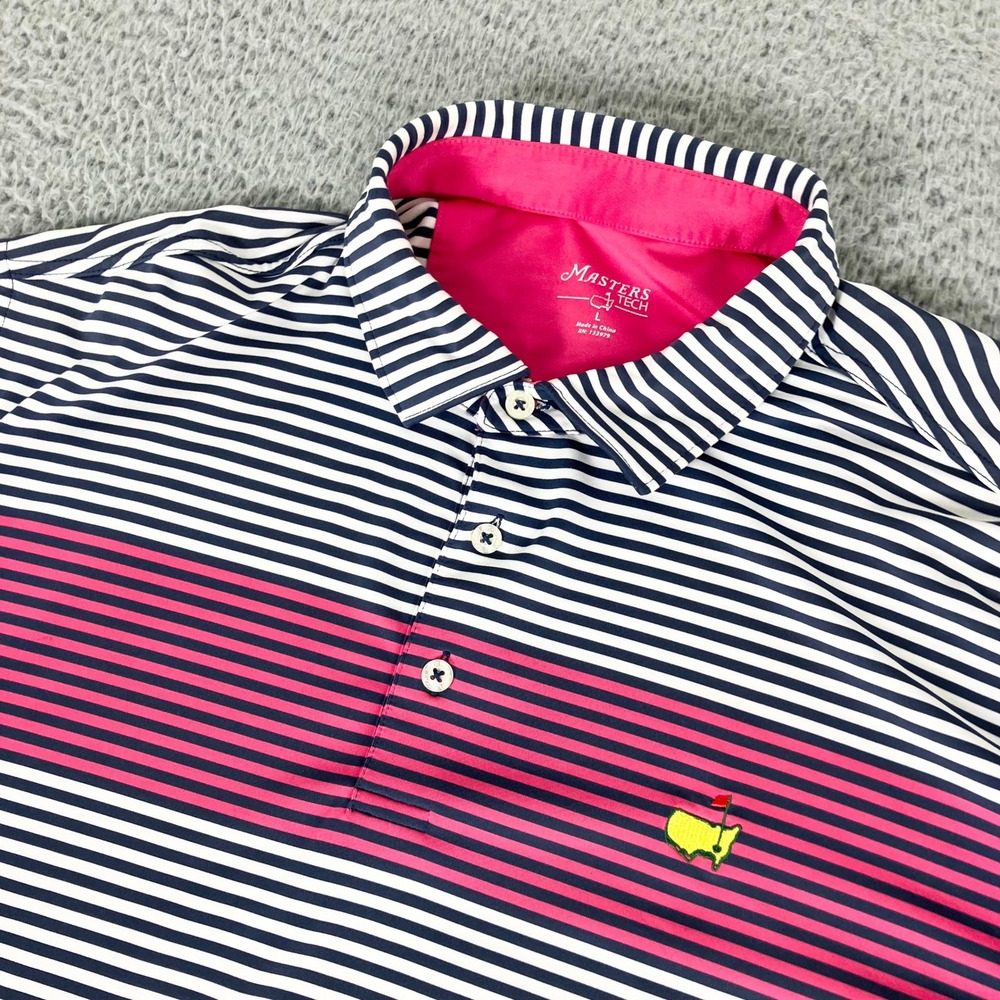 Masters Tech Polo Shirt Mens L Blue Pink Striped Golf Performance Short Sleeve